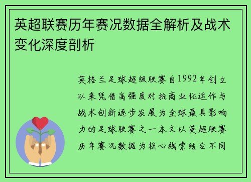 英超联赛历年赛况数据全解析及战术变化深度剖析